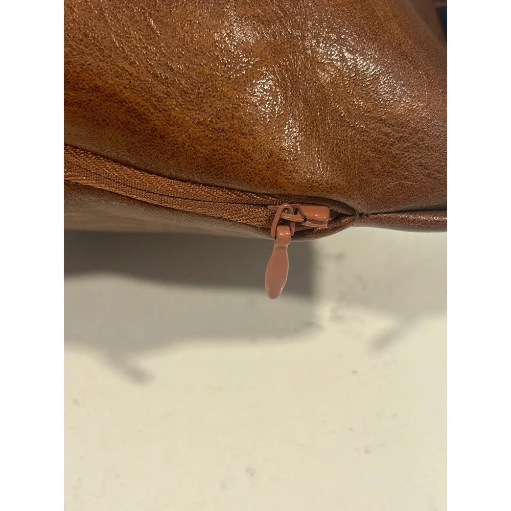 Frye Cognac Brown Faux Leather Decorative Throw Pillow Stitched Accent